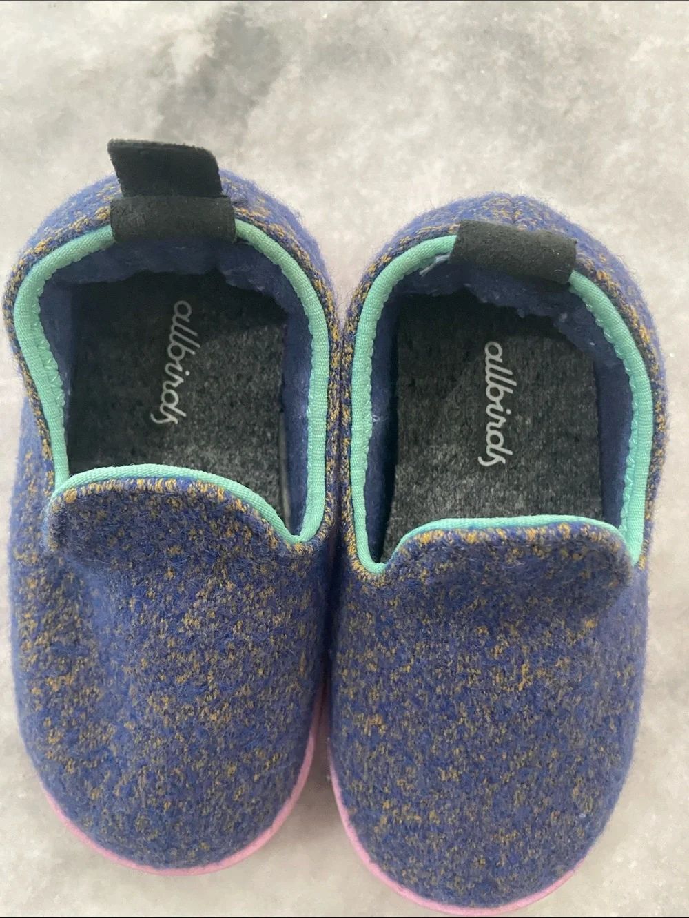 allbirds Kids Slip-On Wool Slippers in Blue with Mint Trim and Pink Soles